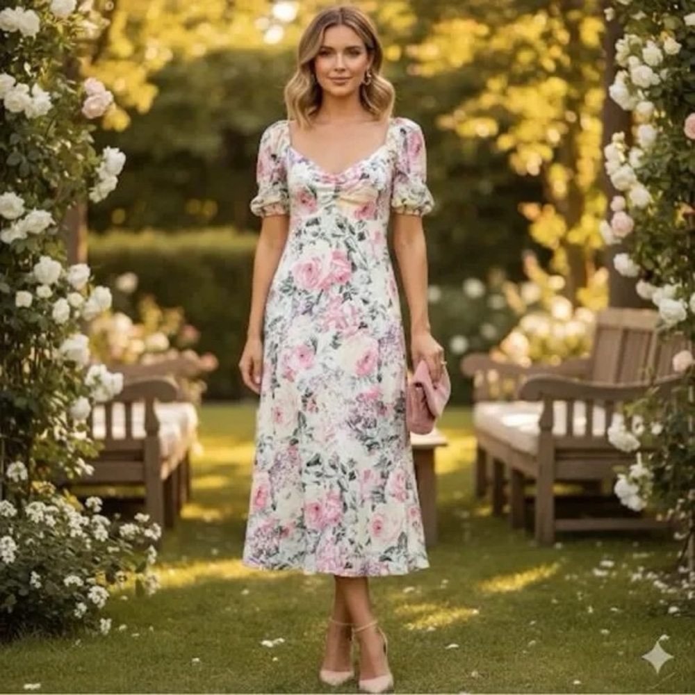Faithfull the Brand Floral Puff Sleeve Dress in Pink and Green